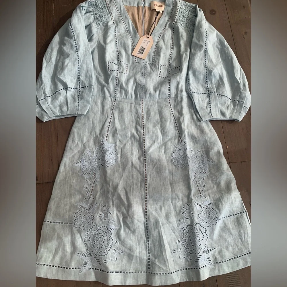 Figue Verna Linen embroidered dress soft blue NWT